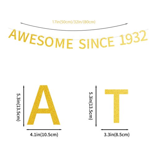 Awesome Since 1932 Banner Pre-strung Happy 92nd Birthday Banner Gold Glittery 92 Ninety Two Years Old Birthday Party Decorations for Men Women