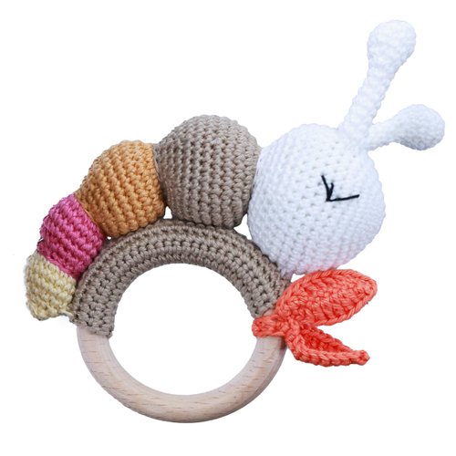 Eco-Friendly Hand-Knitted Wooden Ring Rattle for Babies - Natural Teething Toy, Soft Grip, 3 inches Round (Catterpillar)