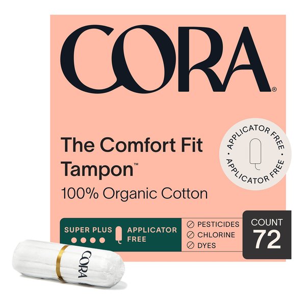 Cora 100% Organic Cotton Non-Applicator Tampons | Ultra-Absorbent, Unscented, Natural, Non-Toxic, Applicator Free | Eco-Conscious S/S+ (72 S+ Tampons)