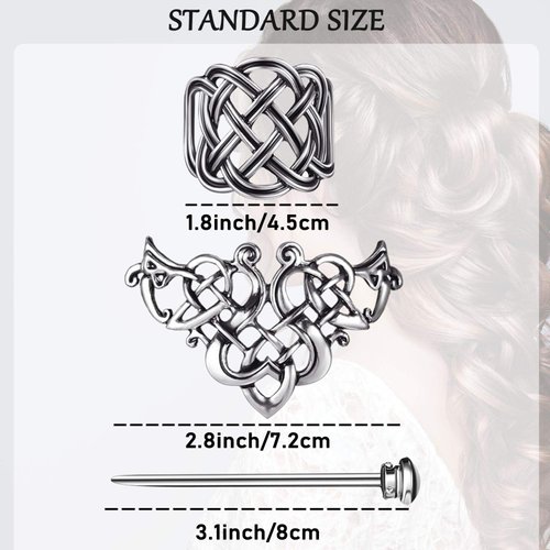 2 Pieces Viking Celtic Hair Clips Hairpins Viking Silver Hair Stick Celtic Knot Viking Jewelry Hair Clips for Ladies or Women