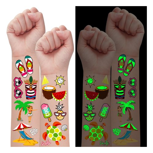 Partywind 20 Sheets Luminous Hawaiian Tattoos for Party Decorations, 195 Styles Hawaiian Luau Party Supplies Favors for Kids, Tropical/Beach/Pool Party Decor