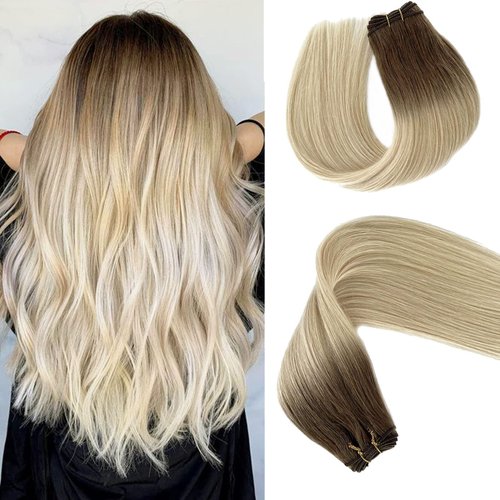 Sew in Hair Extensions Real Human Hair, 18 inch 100g Ombre Ash Brown Highlighted Platinum Blonde Weft Hair Extensions, Hand Tied Sew in Hair Extension Human Hair Bundles