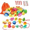 Montessori Educational Wooden Lacing Beads Toys for Toddler 3 4 5 Year Old, Farm Animals Fruits Vegetables Threading Toys Preschool Stringing Fine Motor Skills Toy for Boys Girls [with 3D Stickers]