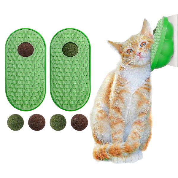 SEVENKA 2 Pack Cat Toys Self-Grooming Cat Brush with 3 Catnip Balls & 3 Gall Fruit, Kitty Kitten Scratcher Self Groomer Catnip Toys for Indoor Cats, Chew Toys Wall Corner Brushes Edible Wall Treats