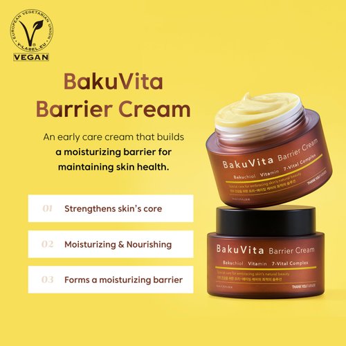 THANKYOU FARMER BakuVita Barrier Cream - Bakuchiol Cream, Day & Night Korean Moisturizer, Bakuchiol Retinol Alternative, Vitamin C + E Korean Serum, Pore Care, Firming, Vegan 1.75 fl oz (50ml)