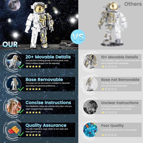 blast orby Space Astronaut Building Block Set, 966 Pcs Astronaut Building Set for Adults, Space Building Kit Toys Gifts for Kids 8-14 with Display Stand