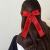 Red Ruffle Ribbon Hair Bow Clips Long Tail for Women Girls 5.5" Big Christmas New Year Satin Tassel Hair Barrettes Toddler Teens Kids Valentines Dress Decor Accessory Gift
