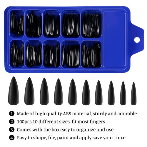 100pcs Black Long Stiletto Fake Nail Tips Full Cover Pure Color Artificial False Nails with 5pcs Nail Glues Acrylic Nail Art DIY Design (Black, Stiletto)
