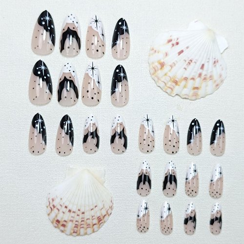 Halloween Press on Nails Medium Almond French Tip Fake Nails White&Black False Nails with Designs Bats Stars Glossy Glue on Nails Full Cover Acrylic Cute Artificial Nails for Women Manicure 24 Pcs