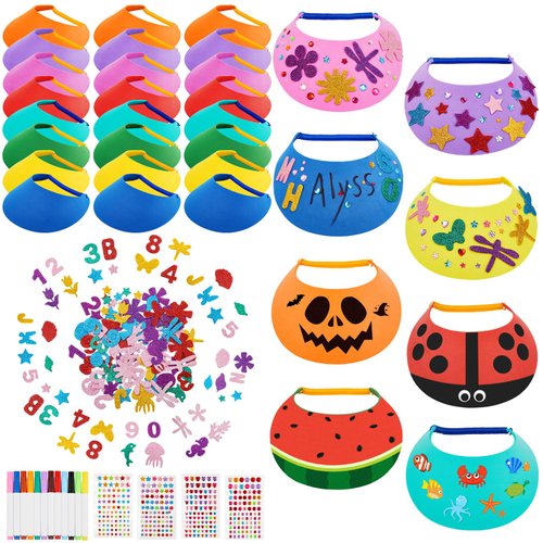 Outus Foam Visors for Kids Include Assorted Color Sun Visor Foam Hats DIY Crafts Sports Supplies, Stickers and Markers (Bright Color, 35)