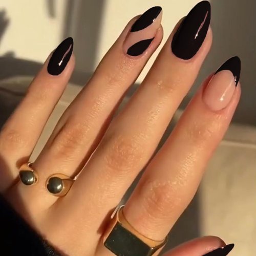 GLAMERMAID Black Press on Nails Medium Almond, Nude French Tip Fake Nails Stiletto, Jump Color Short Oval Stick on Nails Gel, Dark Acrylic False Nail Tip, Reusable Natural Nail Kit for Women Girl Gift