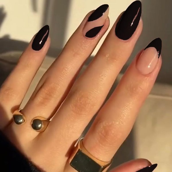 GLAMERMAID Black Press on Nails Medium Almond, Nude French Tip Fake Nails Stiletto, Jump Color Short Oval Stick on Nails Gel, Dark Acrylic False Nail Tip, Reusable Natural Nail Kit for Women Girl Gift