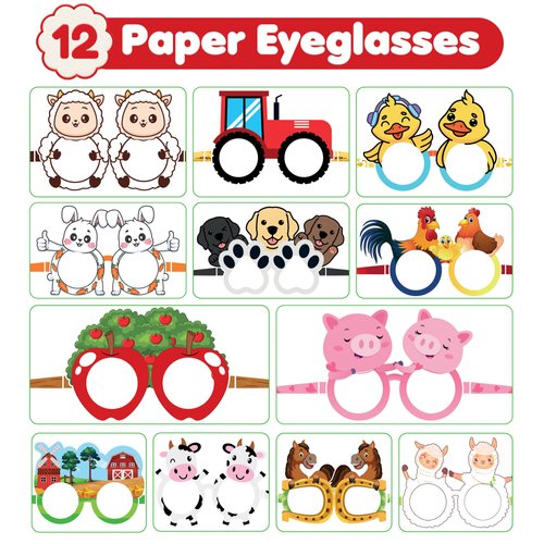 MDNHIO 36PCS Farm Barnyard Animal Party Favor 24PCS Tattoos 12PCS Paper Eyeglasses Themed Paper Photo Booth Props Birthday Party Decorations Dress Up Cute Style Funny Sunglasses Supplies Photography