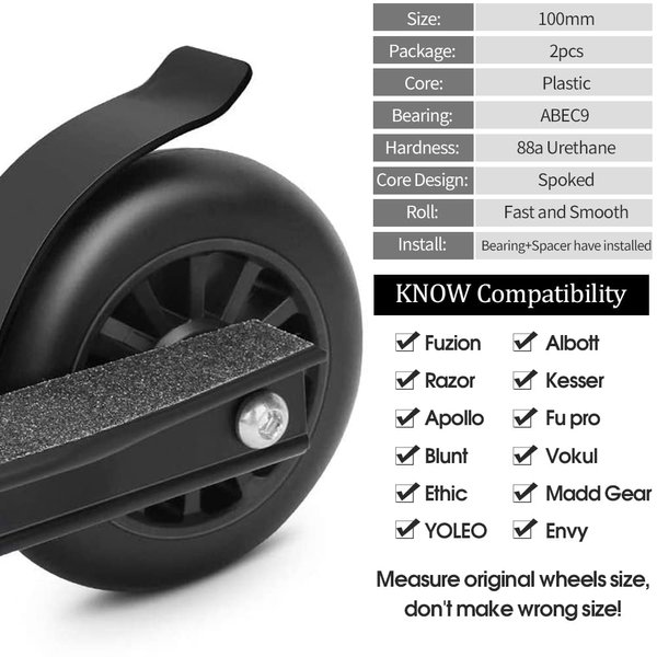 Kutrick 100mm Scooter Wheels - 100mm Pro Kick Scooter Wheels Replacement Pair - Smooth Bearing Installed | Plastic Core 100mm Scooter Wheels for Razor Fuzion Scooters with 100mm Wheels