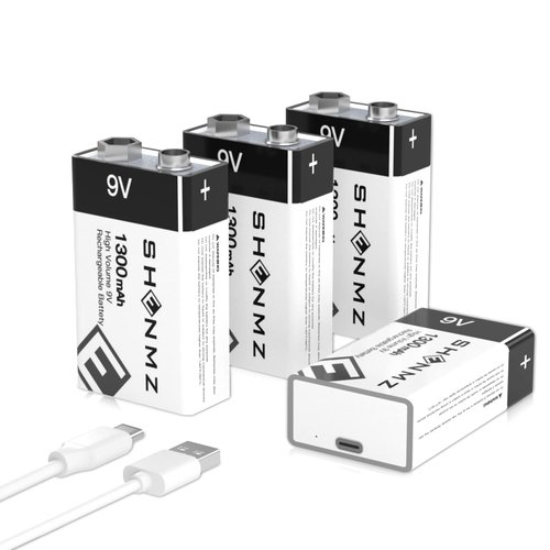 9V Rechargeable Batteries, USB 9 volt lithium batteries, 1300mAh [11700 mWh] Long Lasting Li-ion 9V volt Battery for smoke alarms, Multimeters, Microphones, walkie-Talkie,Toys,Guitar,Keyboard -4 Pack