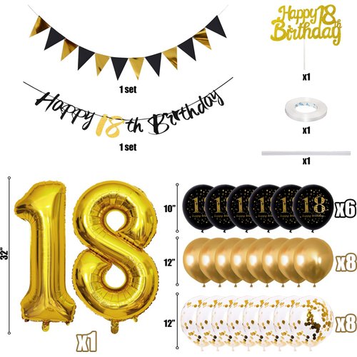 Jobkoo 18th Birthday Decorations, Black Gold 18th Birthday Party Decoration for Boys Girls Golden Black 18th Birthday Balloons Cake Topper 18th Birthday Banner for 18 Year Old Birthday Party Supplies