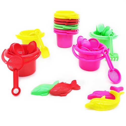 The Dreidel Company Mini Beach Day Playsets (Pack of 12) 3.25" Sand Bucket Play Set Box Includes, Pail, Shovel, Rake, Sifter Scoop, Dolphin Fish Sand Trays Toy for Boys and Girls Birthday Party Favor