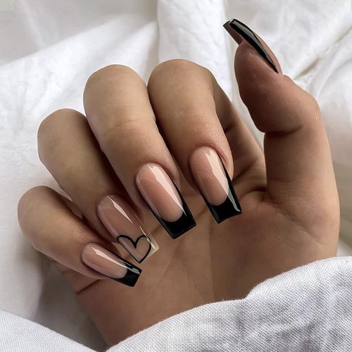 French Tip Press on Nails Coffin Fake Nails Medium False Nails with Heart Designs Pink Glue on Nails Black Tip Stick on Nails Full Cover Acrylic Nails Glossy Artificial Nails for Women DIY Nails