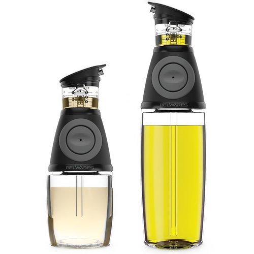 Belwares Oil Dispenser for Kitchen - Olive Oil Dispenser Bottle for Kitchen - Oil and Vinegar Dispenser Set - Cooking Essentials - 17 oz and 8.5 oz Glass Bottles with Precision Pouring Measurements