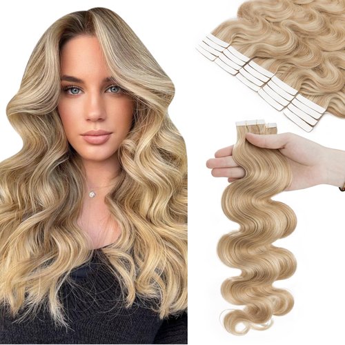 Hairro 20 Inch Tape in Hair Extensions Wavy Human Hair Highlight Body Wave 20pcs 50g Hair Seamless Skin Weft Glue in Human Hairpieces 2 Tones Balayage #18/613 Ash Blonde Mix Bleach Blonde