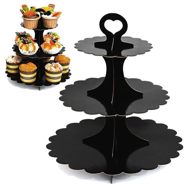 Humlindo 2 Pack 3-Tier Cupcake Stand, Cupcake Stand Tower, Black Cupcake Tier Stand Holder for Dessert Display, Birthday Themed Party Gift Decoration (Black)