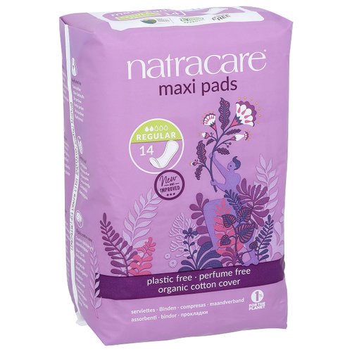 Natracare Natural Traditional Style Maxi Pads, Regular, Individually Wrapped, Without Wings in Plant-Based Bag (1 Pack, 14 Pads Total)