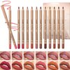 DENESTUP 12 pcs Lipstick Pencil Matte Lip Liner Set, Plump Nude Lip Shape No Smudge Longwear Non-sticky High Pigmented Natural Lip Gloss Primer Makeup (A)