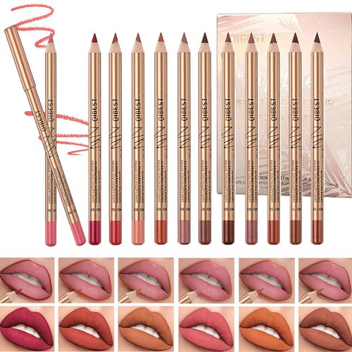 DENESTUP 12 pcs Lipstick Pencil Matte Lip Liner Set, Plump Nude Lip Shape No Smudge Longwear Non-sticky High Pigmented Natural Lip Gloss Primer Makeup (A)