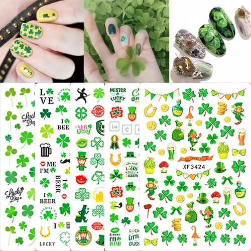 St. Patrick’s Day Nail Stickers 3D Self-Adhesive Shamrock Nail Art Stickers Clover Irish Green Dwarf Gold Hat Design St Patricks Day Nail Decals Nail Art Supplies for Women Acrylic Nails Decorations