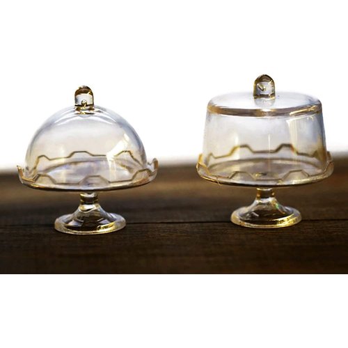 2 Mix Vintage Transparent Dessert Cake Display Stand with Cover Dollhouse Miniatures Food Kitchen Docoration