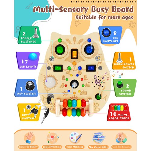 RCPLAGA Montessori Busy Board Toys - Wooden Sensory Toy with LED Light Switches, Music, Toddler Light Switch Toys Educational Activity Travel Toys for 1+ Year Old Baby and Toddler