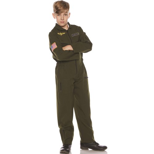 Underwraps Flight Suit Khaki Costume Kids Air Force Flight Style with Authentic Design Features Detailed Zipper Front Khaki Jumpsuit with Air Force Embroidered Patch and Filght Wings