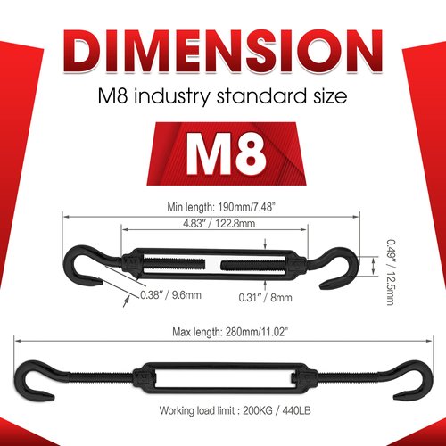 2PCS M8 Premium Stainless Steel Hook & Hook Turnbuckle, Black Turnbuckle for Wire Rope Tension, Shade Sail Hardware, Sun Shade Tent Installation