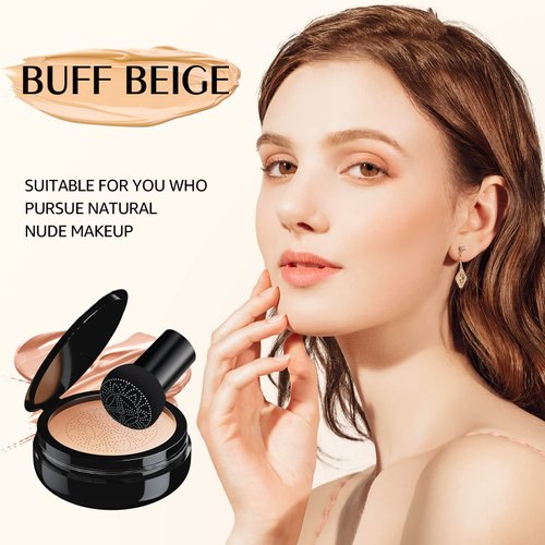 Mushroom Head Air Cushion CC Cream Strong Concealer, Moisturizing BB Cream Makeup Base Primer Even Skin Tone for All Skin Types, Face Makeup Cushion Foundation Long Lasting (Buff Beige)