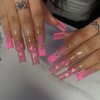 MISUD Coffin Press on Nails Long Ballerina Fake Nails Glossy Glue on Nails Cute Pink Heart Acrylic Nails Bling Glitter French Tip Artificial Nails Rhinestone Stick on False Nails with Design 24 pcs