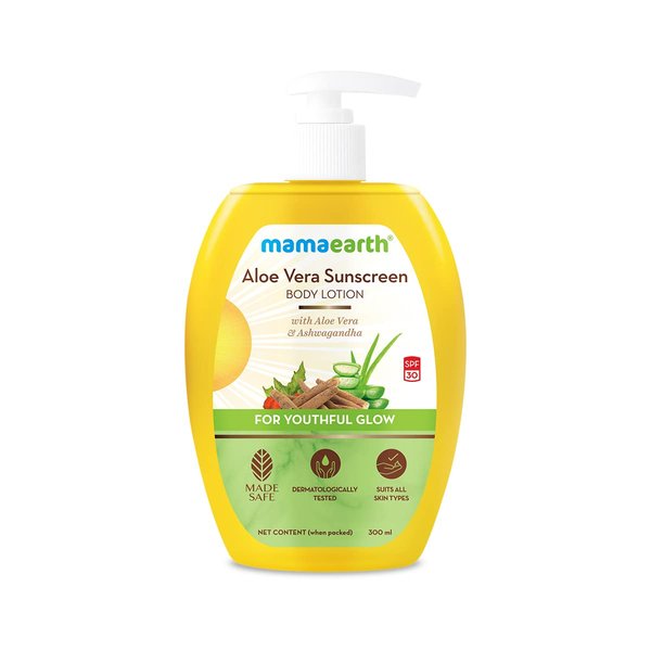 Mamaearth Aloe Vera Sunscreen Body Lotion with SPF 30 | Sun Protection with Deep Moisturization | Helps Prevent Tan & Gives a Youthful Glow | 10.14 Fl Oz/300ml