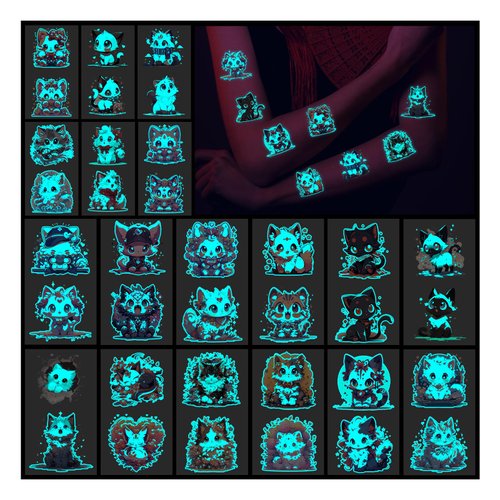 Konsait 18 Sheets Cat Tattoos, 36 Styles Anime Cat Glow in the Dark Tattoos, Cute Cat Temporary T...