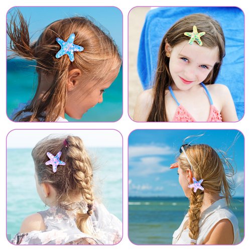 Amabro 6 Pcs Starfish Hair Clips, Glitter Sea Star Hair Barrettes Starfish Hair Accessories Sequins Snap Hair Clip Beach Sea Star Hairpins for Women Girls(Pink, Blue, Yellow)