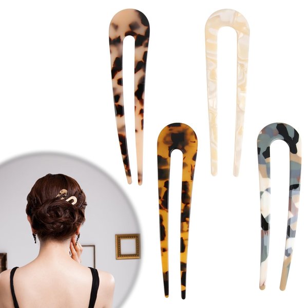 Aesnoun 4 PCS French Hair Pin, U Shaped Acetate Hair Pins, 4.6 inch, for Women Girls Hairstyle, Chignon Hair Pin for Thin Thick Hair