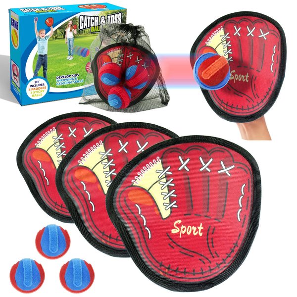 Toss and Catch Ball Set, Kids Training Glove Sports Toys, Outdoor Pool Beach Waterproof Toys, Yard Backyard Games with 3 Paddles 3 Sticky Balls Storage Bag, Stocking Stuffers for Boys Girls