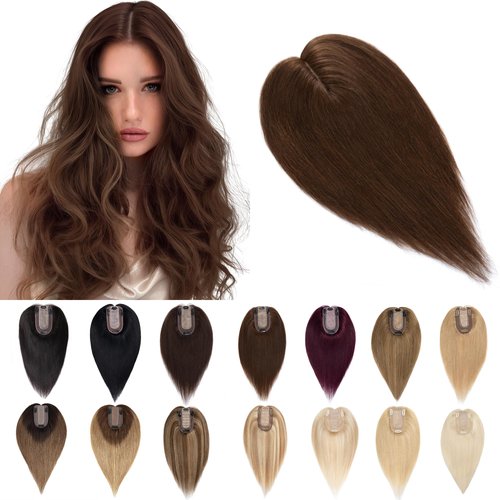 SEGO Human Hair Toppers for Women With Thinning Hair 7 * 13CM Silk Base 100% Real Human Hair Clip in Top Wiglet Hair Pieces -6 Inch No Bangs Medium Brown