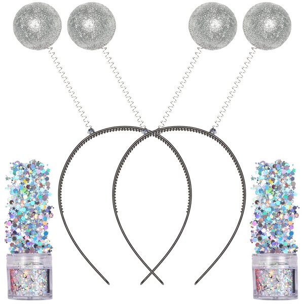 Funcredible Alien Headbands and Glitter - Silver Martian Alien Antenna Headband - Space Costume Accessories - Sparkly Alien Costume (Set of 2)