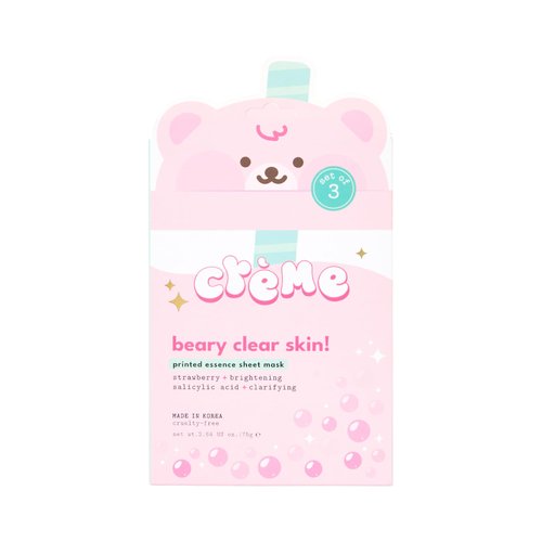 The Crème Shop Boba Bears Beary Clear Skin! Sheet Mask - Brightening, Clarifying with Strawberry Essence and Salicylic Acid for Radiant Glow and Smooth Skin - Korean Beauty Secret, Set of 3