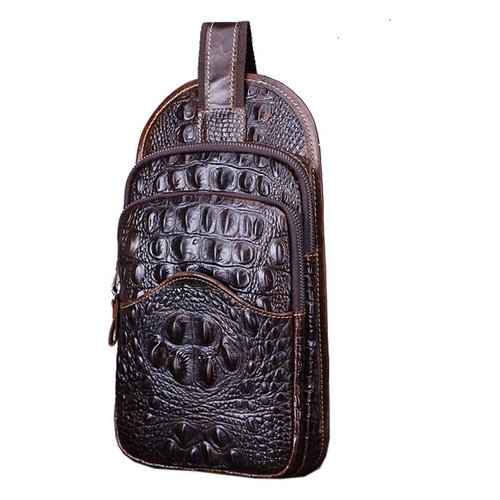 Hebetag Crocodile Genuine Leather Sling Crossbody Bag for Men Travel Outdoor Hunting Hiking Camping Shoulder Chest Pack Backpack Daypack Coffee
