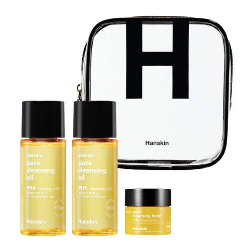 Hanskin PHA Pore Cleansing Oil and PHA Cleansing Balm, Sample Trial Size, Travel Size Mini Makeup Remover Set, Gentle Blackhead Cleanser for Sensitive Skin [30 ml/Pack of 2] + [8g/PHA Balm]