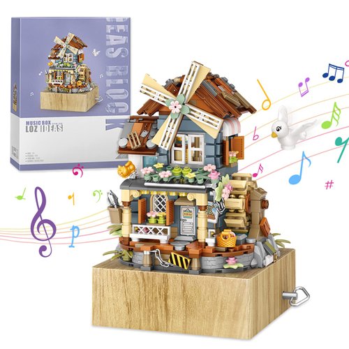 Music Box Mini Building Block Set (799 Pcs), Summer Theme Windmill House, Suitable for The Office, Home Window Ornaments, Not Compatible with Lego,Good Choice for Children and Adults Birthday Gifts