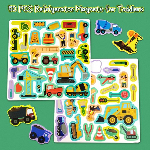 Construction Site Fridge Magnets for Toddlers, 50 PCS Refrigerator Magnets for Kids, Create a Scene Magnetic Play Sticker Book Travel Game Educational Toys for Kids