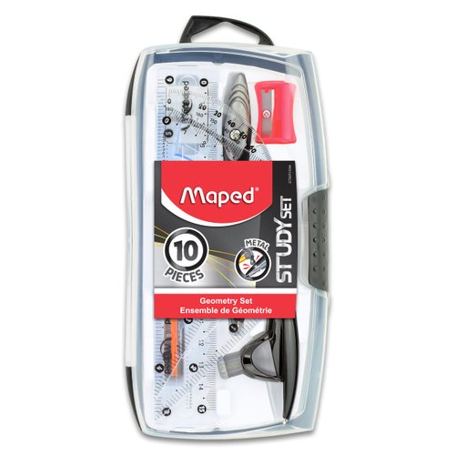Maped Study Geometry 10 Piece Set, Includes 2 Metal Study Compasses, 2 Triangles, 6 Ruler, 4 Protractor, Pencil for Compass, Pencil Sharpener, Eraser, Lead Refill (897010)