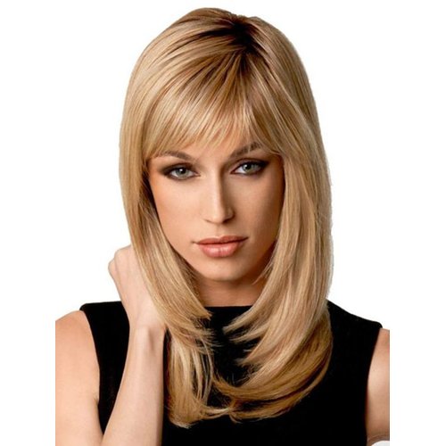Auflaund Natural Ombre Blonde Straight Wigs Long Bob Straight Blonde Hair Wig with Side Bangs for Women + Wig Cap 21 Inch