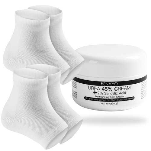 Moisturizing Foot kit for Women Gifts,Urea Cream 45% Plus Salicylic Acid 2% Foot Cream, Reusable 2Pairs Gel Lining Moisturizing Heel Socks for Dry Cracked Feet,Cracked Heel Repair.(White)